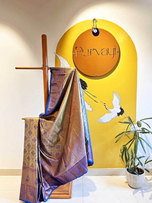 Olive Green Purple Rasipuram Silk Traditional Handloom Saree with Blue Contrast border