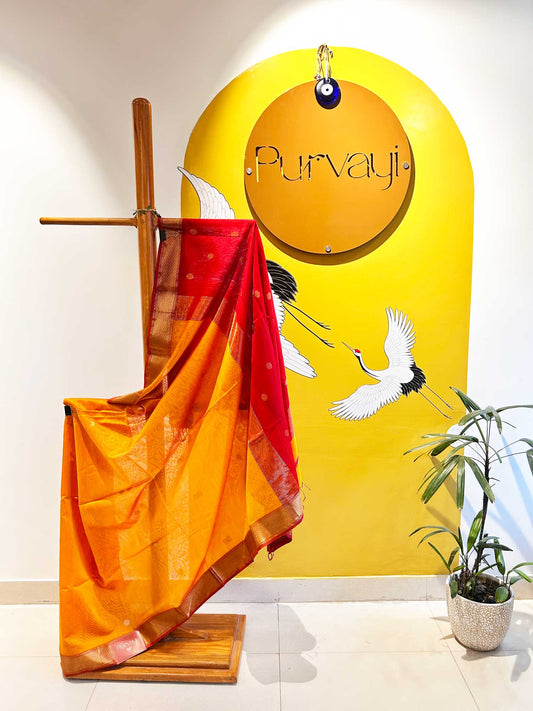 Sun Yellow-Red Handwoven with Zari Booti - Pure Maheshwari Silk