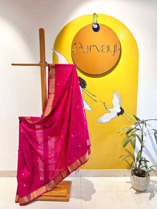 Pink Handwoven with Zari Booti - Pure Maheshwari Silk