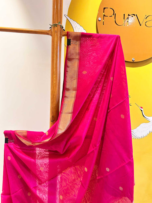Pink Handwoven with Zari Booti - Pure Maheshwari Silk