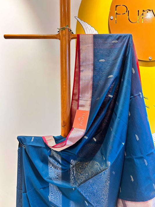 Midnight Blue-Red Handwoven with Butterfly Zari Booti - Pure Maheshwari Silk