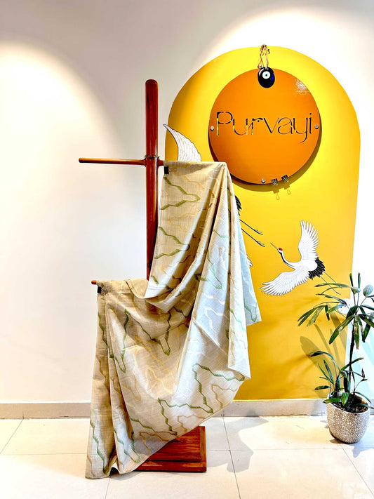 Creamy Beige Saree with Geometric Threadwork and Contrast Green Blouse - Tussar Silk Cotton