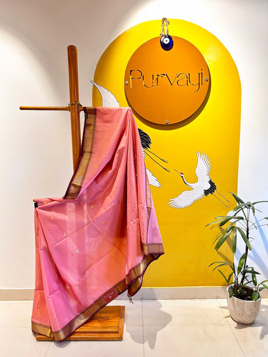 Carnation Pink Handwoven with Zari Booti - Pure Maheshwari Silk