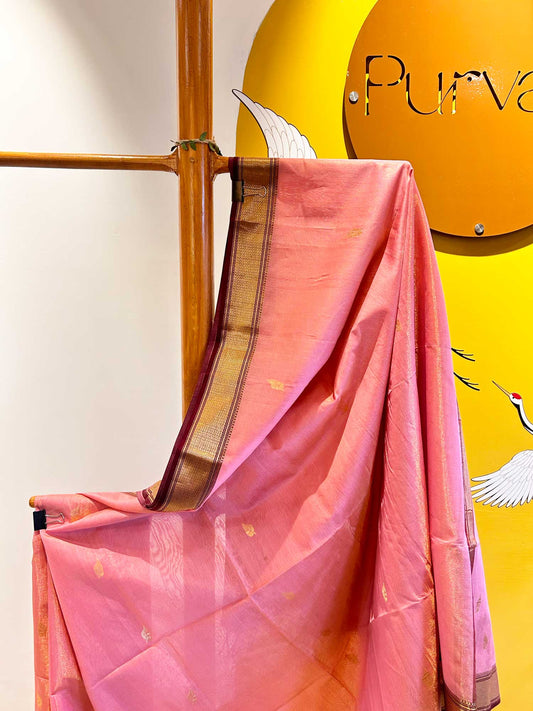 Carnation Pink Handwoven with Zari Booti - Pure Maheshwari Silk