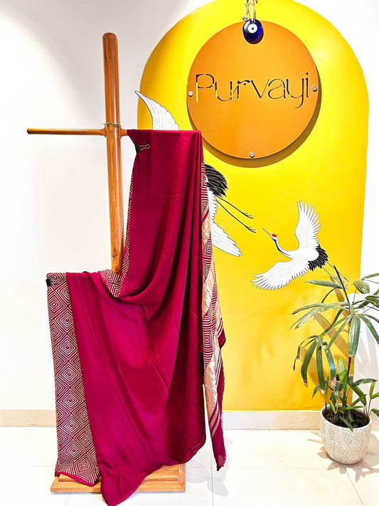 Handblocked Ajrak Crimson Red Saree - Modal Silk