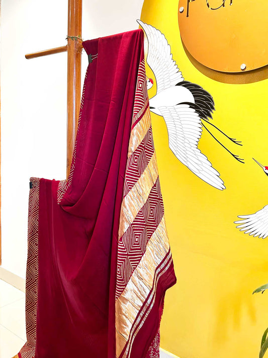 Handblocked Ajrak Crimson Red Saree - Modal Silk