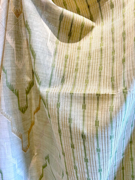 Creamy Beige Saree with Geometric Threadwork and Contrast Green Blouse - Tussar Silk Cotton