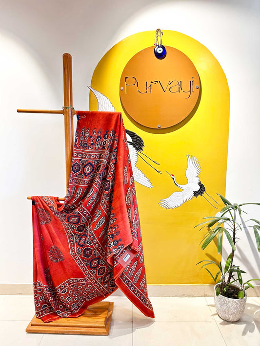 Handblocked Ajrak Burnt Orange Saree - Modal Silk