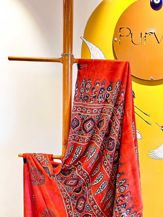Handblocked Ajrak Burnt Orange Saree - Modal Silk