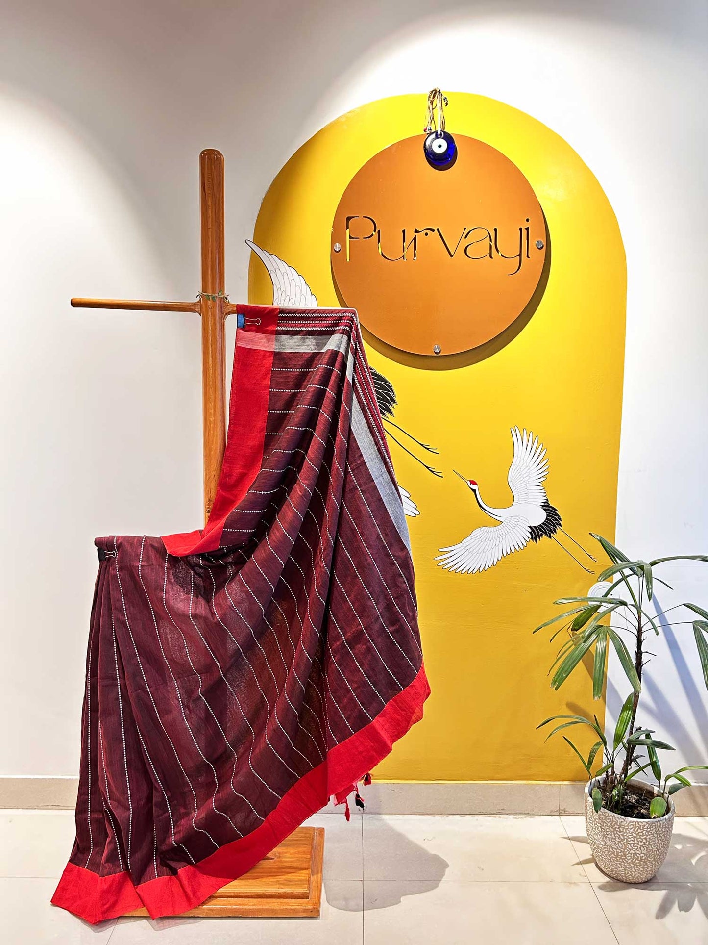 Hand-Stitched Kantha Maroon Saree - Organic Khadi Linen
