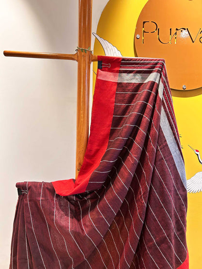 Hand-Stitched Kantha Maroon Saree - Organic Khadi Linen