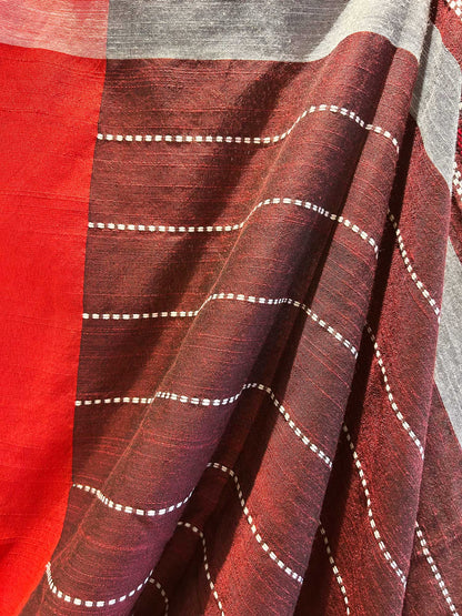 Hand-Stitched Kantha Maroon Saree - Organic Khadi Linen