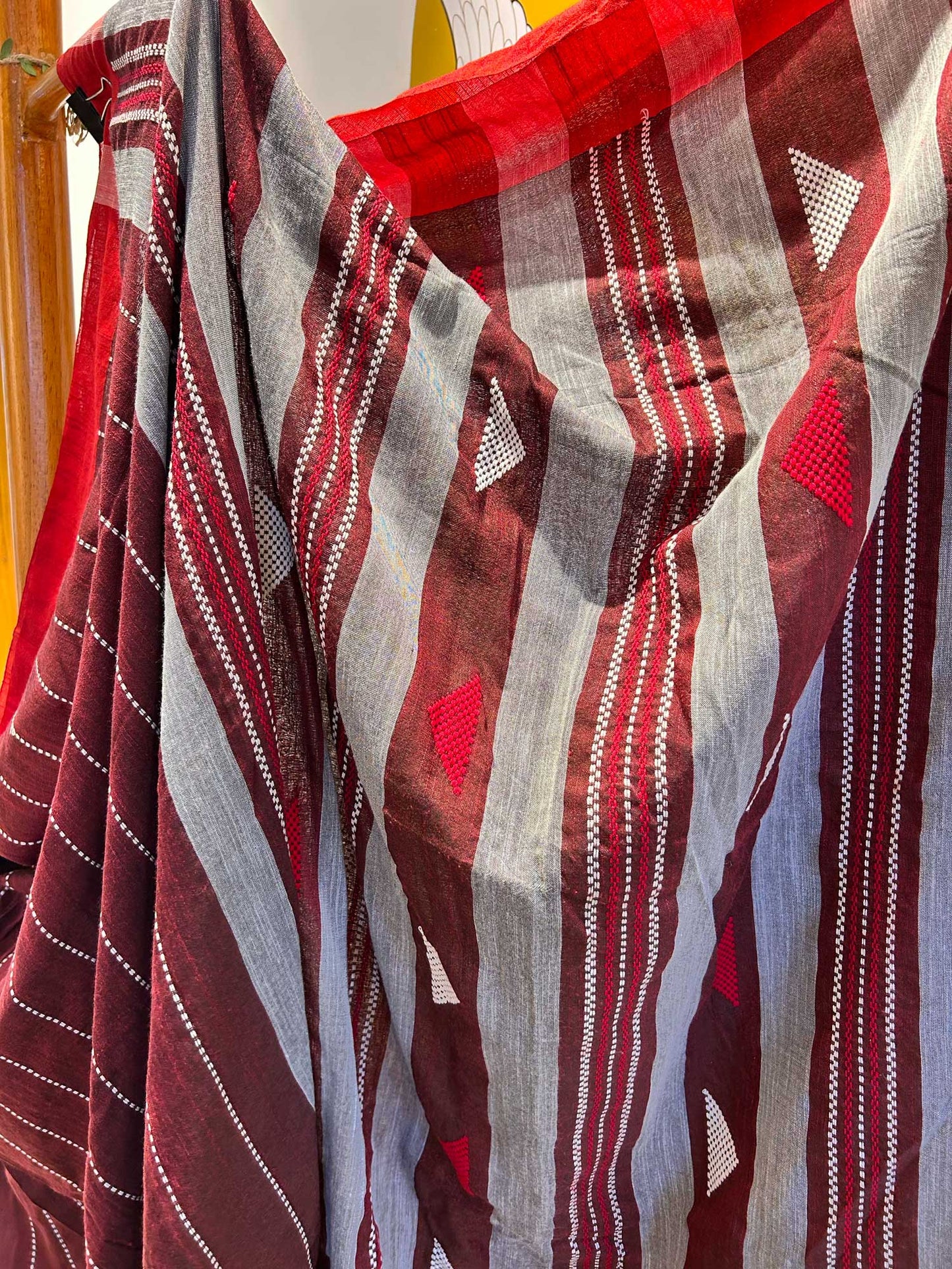 Hand-Stitched Kantha Maroon Saree - Organic Khadi Linen