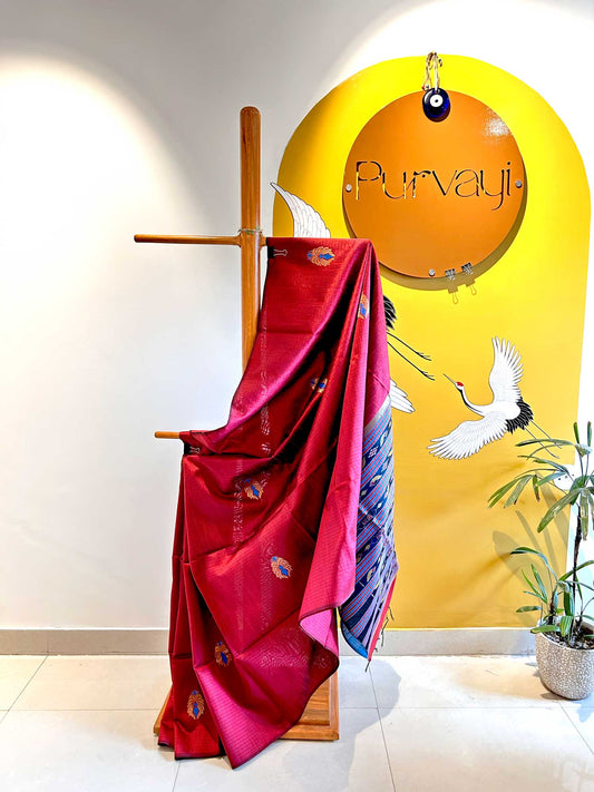 Maroon Saree with Contrast Royal Blue Pallu - Raw Silk