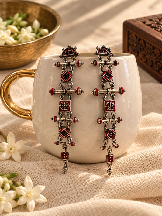 Dhaara - Red Enamel Oxidised Silver Earrings