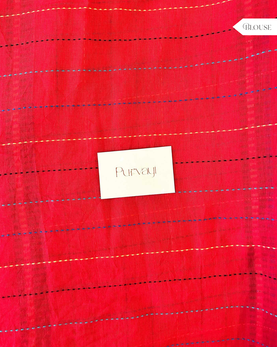 Hand-Stitched Bright Red Saree - Organic Khadi Linen