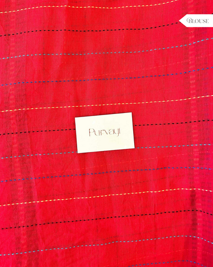 Hand-Stitched Bright Red Saree - Organic Khadi Linen