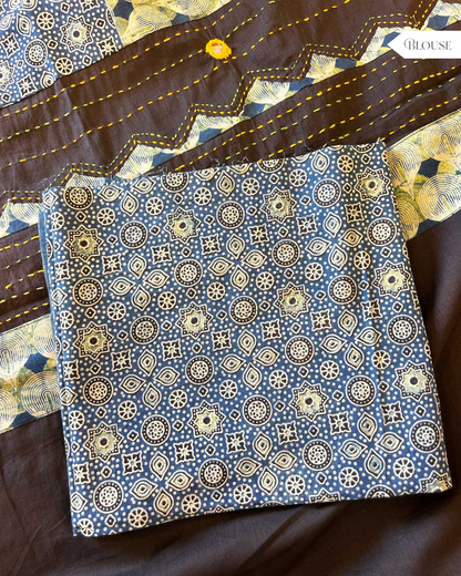 Handblock Ajrak Patchwork and Mirror-work Black Saree - Pure cotton