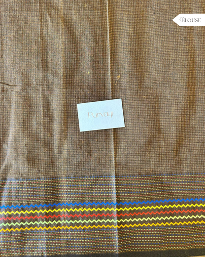 Hand-Stitched Kantha Coffee Brown Saree - Organic Khadi