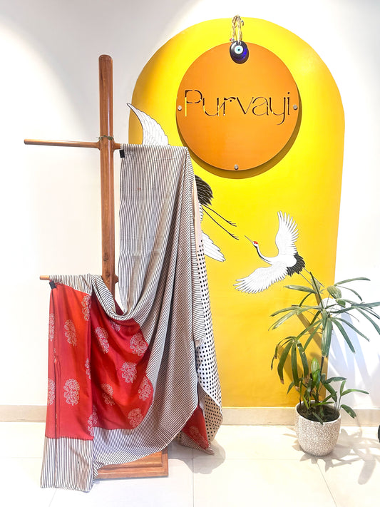 Handblocked Ajrak Bright Orange Saree - Modal Silk