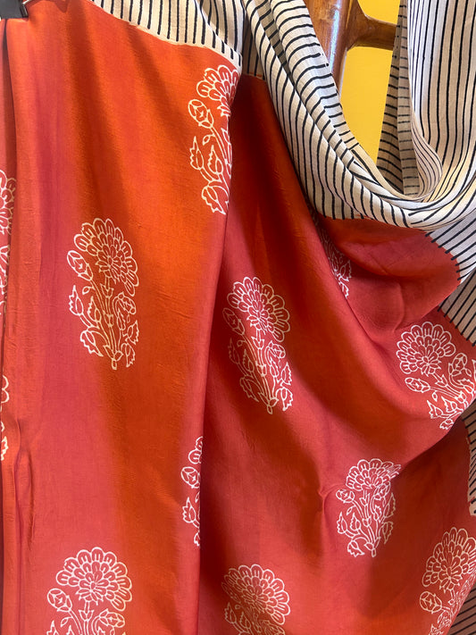 Handblocked Ajrak Bright Orange Saree - Modal Silk