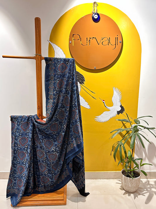 Handblocked Ajrak Indigo Blue Saree - Modal Silk