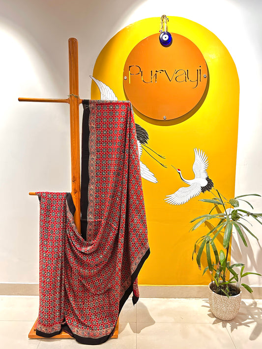 Handblocked Ajrak Floral Crimson Red Saree - Modal Silk