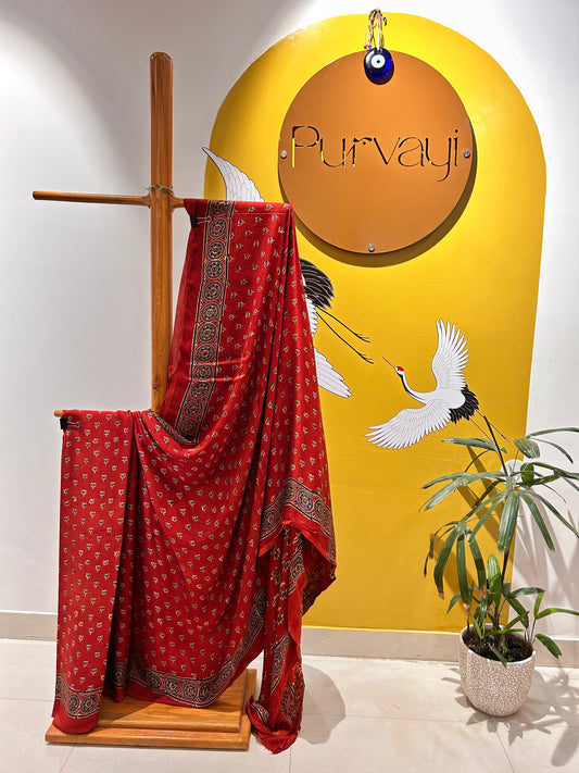 Handblocked Ajrak Crimson Red Lagda Patti (Zari) Saree - Modal Silk