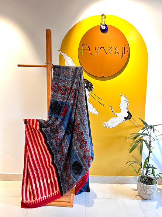 Handblocked Ajrak Brick Red Stripes with Blue Contrast Saree - Modal Silk