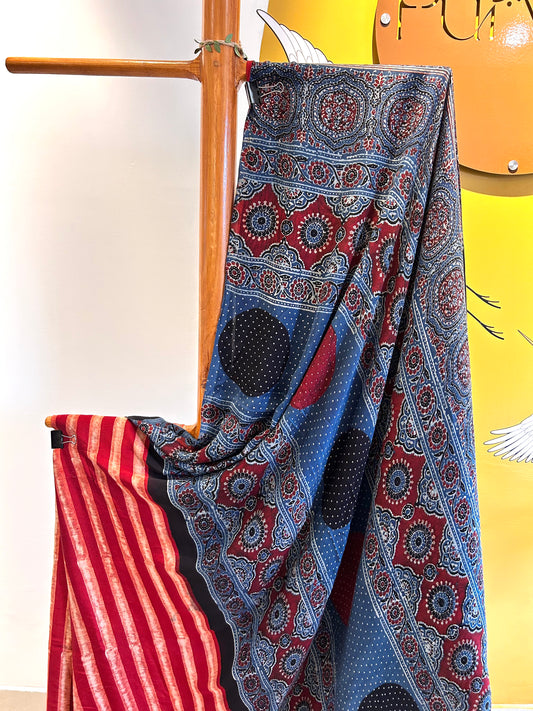 Handblocked Ajrak Brick Red Stripes with Blue Contrast Saree - Modal Silk