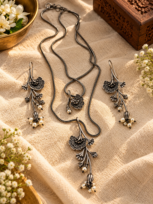Gulbahar - Floral Oxidised Silver Jewellery Set